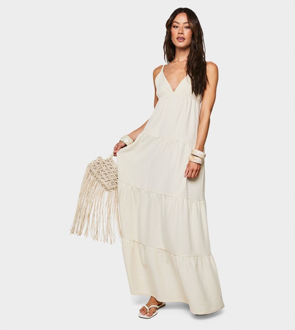 Tall Textured Linen Look Tiered Maxi Dress