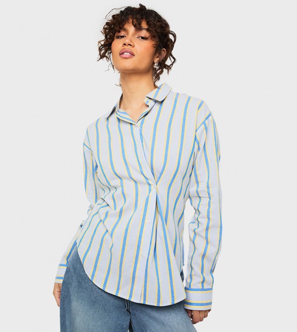 Striped Long Sleeves Cinched Shirt