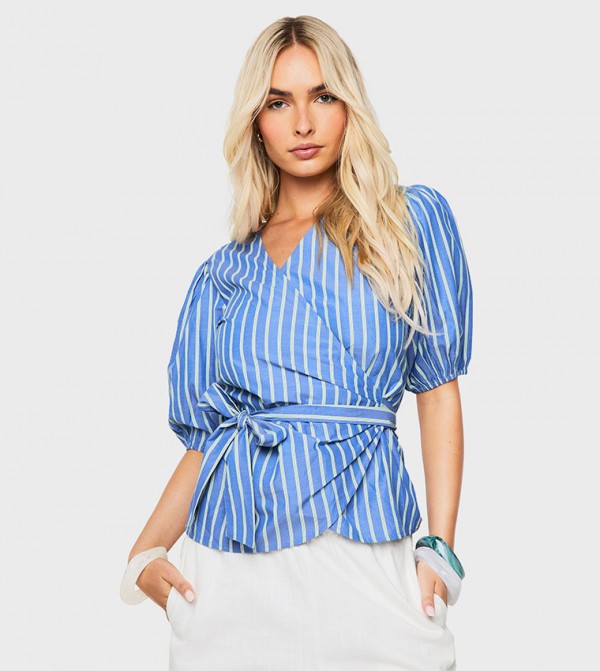 Stripe Puff Sleeves Wrap Top