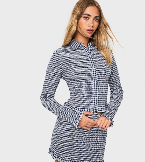 Gingham Patterned Long Sleeves Crop Shirt