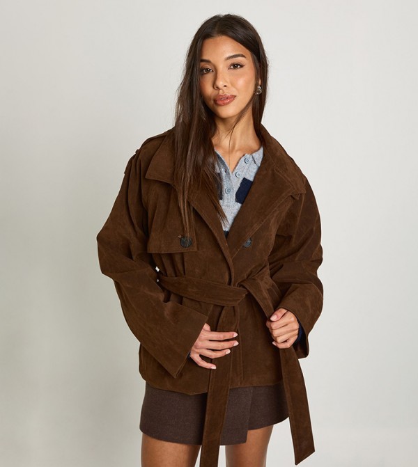 Suede Look Belted Long Sleeves Jacket