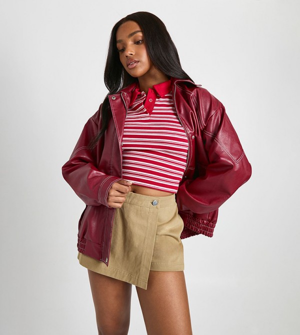 Faux Leather Contrast Stitch Bomber Jacket