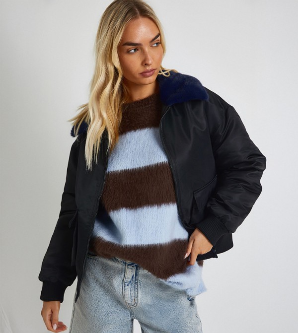Faux Fur Trim Bomber Jacket