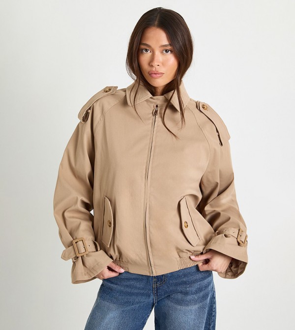 Long Sleeves Zip Up Trench Jacket