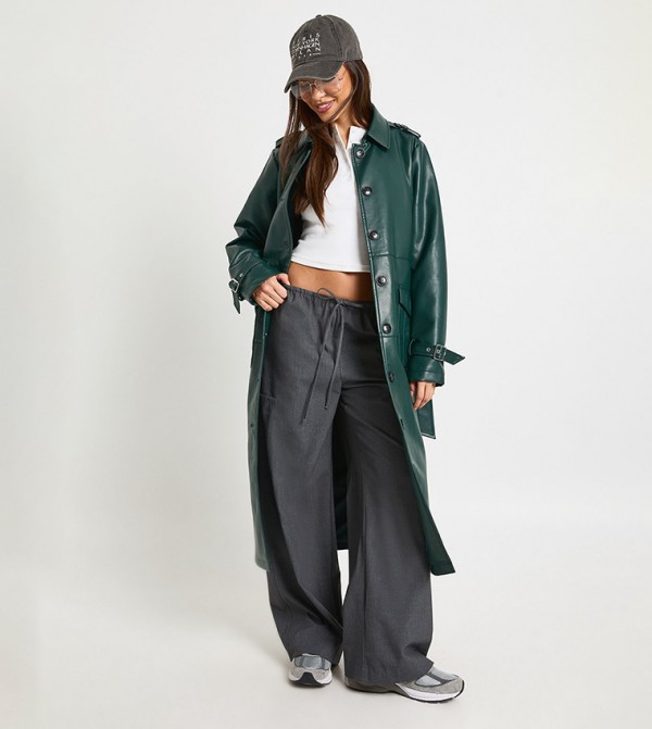 Belted Faux Leather Trench Coat