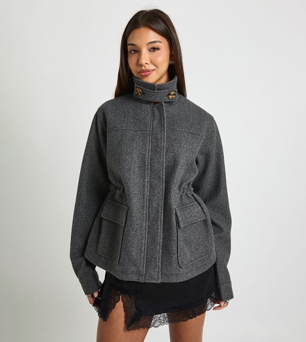 Cinched Wool Look Jacket