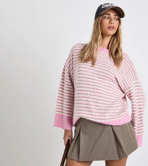 Thin Striped Super Soft Crew Neck Oversized Sweater