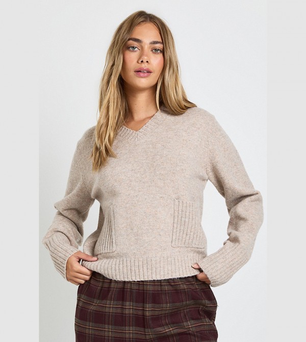 Pocket Detail V-Neck Oversized Knitted Sweater