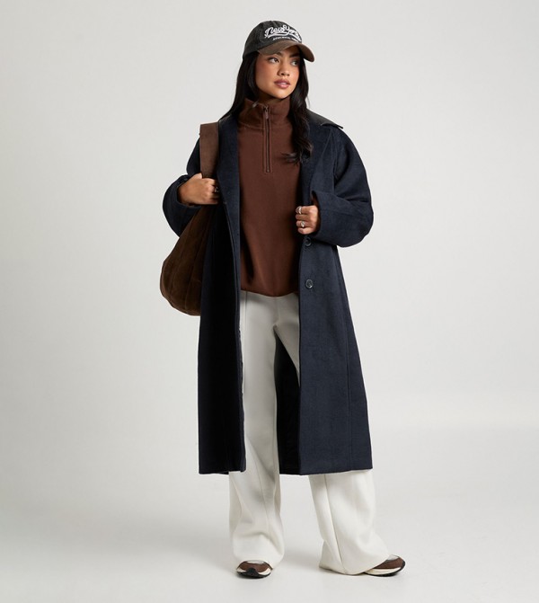 Faux Leather Collared Longline Wool Look Jacket