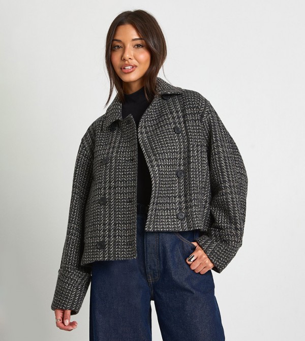 Double Breasted Wool Look Herringbone Jacket