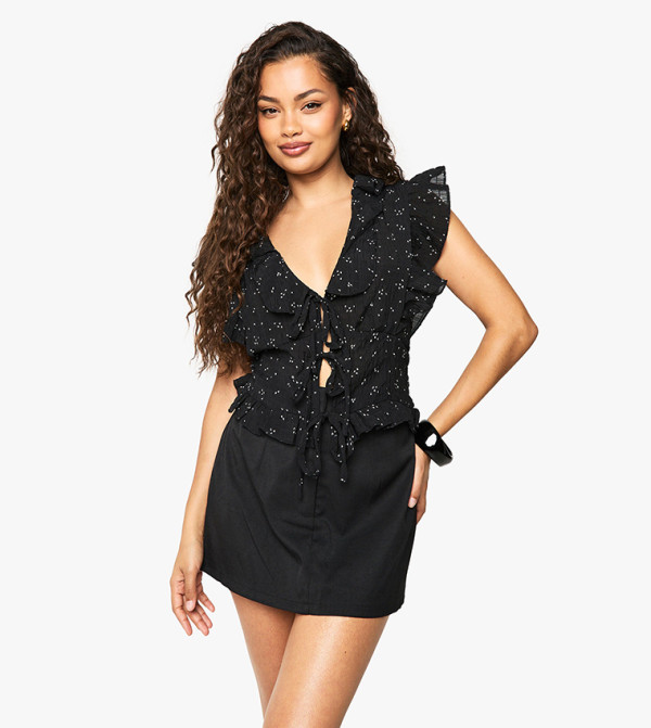 Ruffle Floral Print Tie Front Top