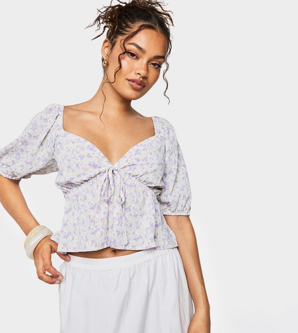 Floral Print Puff Sleeves Smock Crop Top