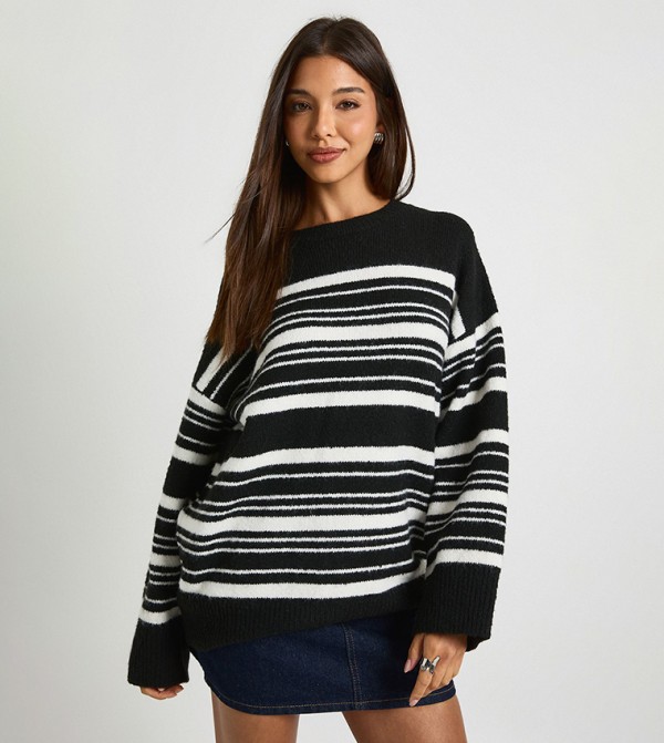 Soft Knit Striped Crew Neck Oversized Sweater