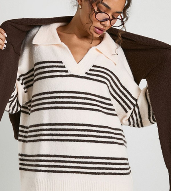 Soft Knit Stripe Polo Collar Jumper