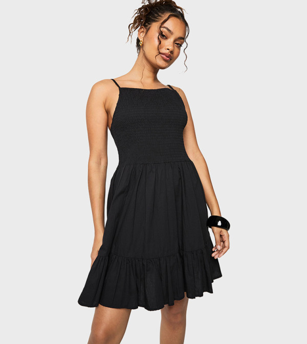 Shirred Textured Tiered Smock Mini Dress