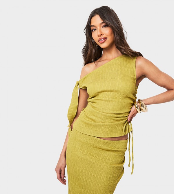 Textured Ruched Asymmetric Shoulder Top