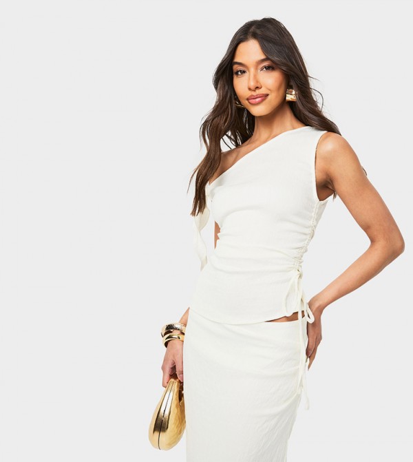 Textured Ruched Asymmetric Shoulder Top
