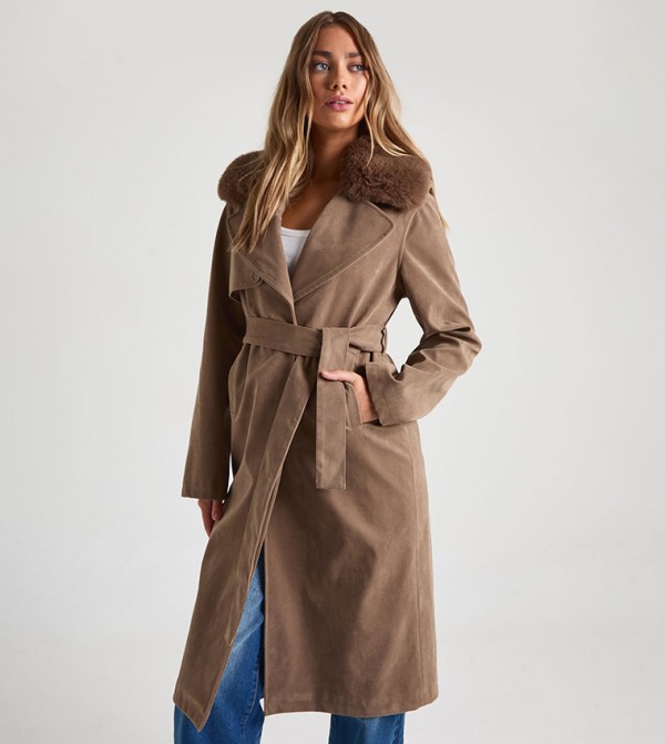 Solid Belted Suede Trench Coat