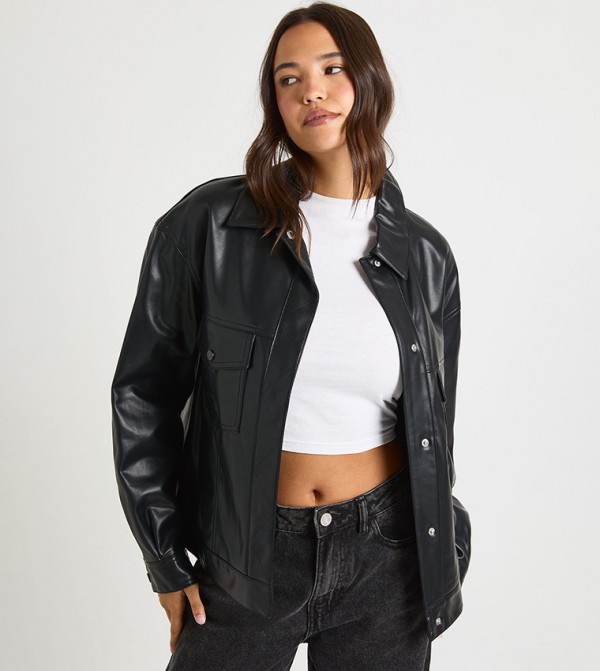 Faux Leather Button Up Jacket