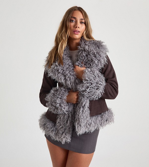 Faux Fur Trim Suede Look Coat