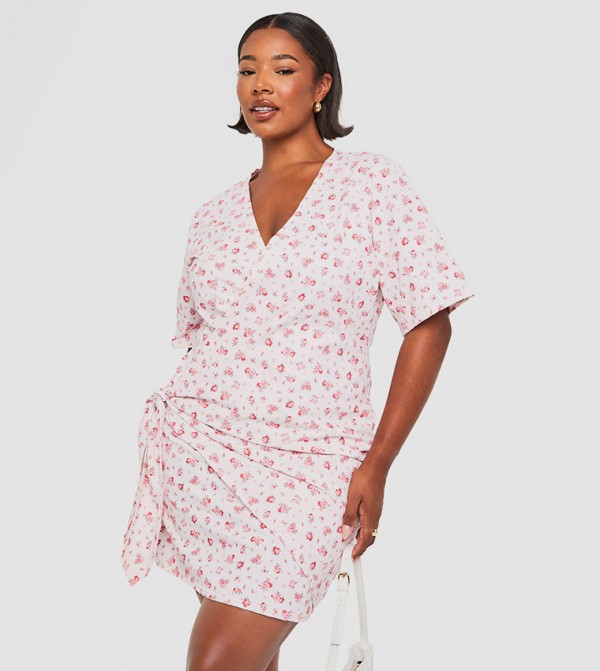 Curve Ditsy Drop Waist Wrap Dress