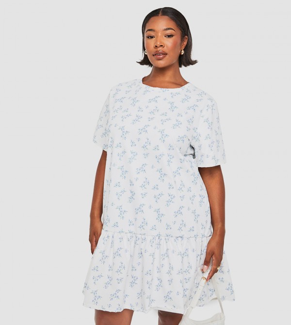 Curve Ditsy Drop Hem Smock Dress