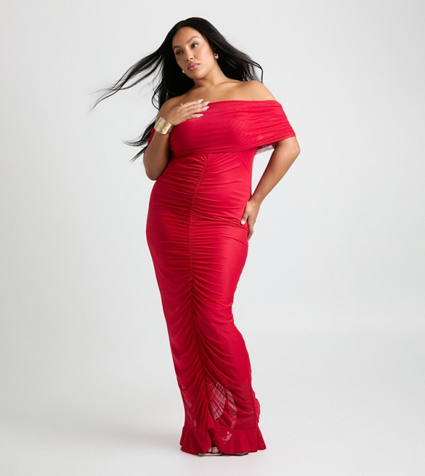 Curve Ruched Mesh Bardot Maxi Dress