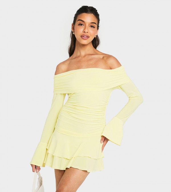 Slinky Bardot Ruffle Hem Mini Dress