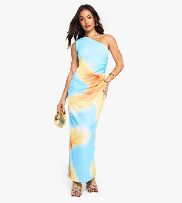 Petite Floral Print One Shoulder Mesh Maxi Dress