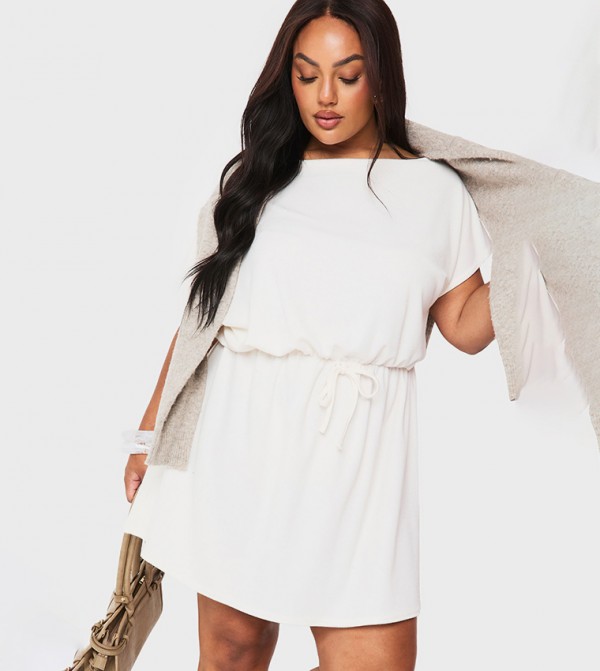 Curve Ribbed Off Shoulder Tie Waist Mini Dress