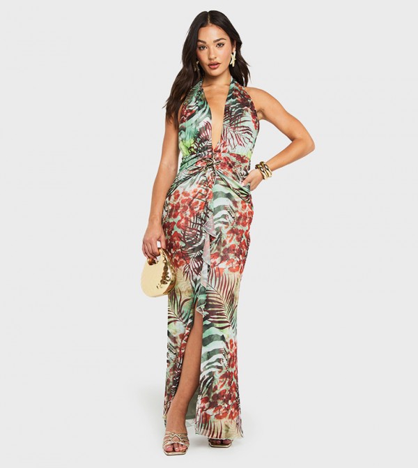 Petite Mesh Starfish Trim Halterneck Maxi Dress