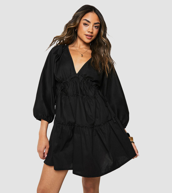 Cotton Poplin Ruched Balloon Sleeves Smock Dress