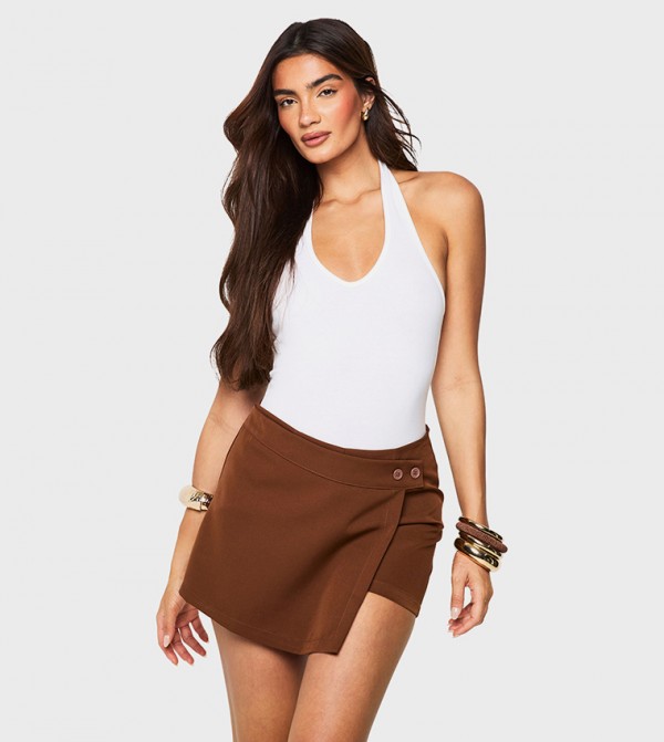 Elastic Waist Button Wrap Skort
