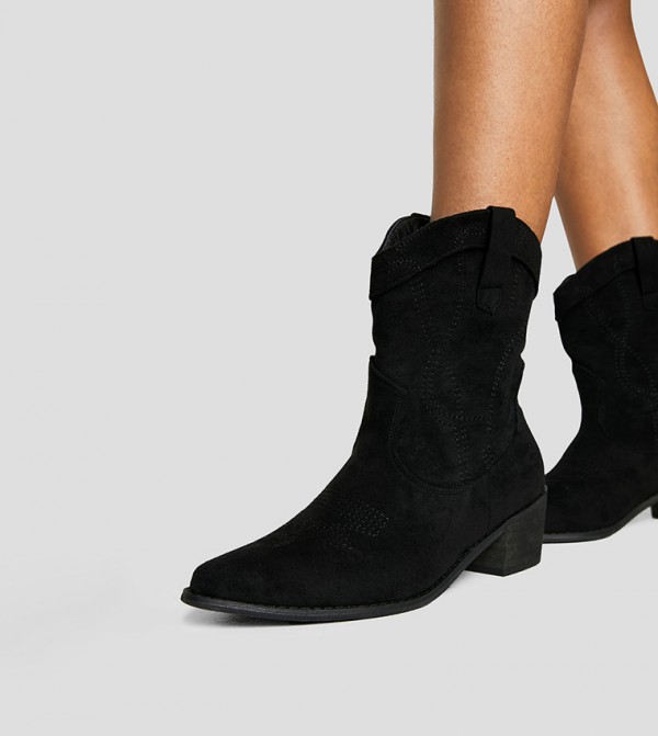 Wide Fit Faux Suede Stitch Detail Western Cowboy Boots