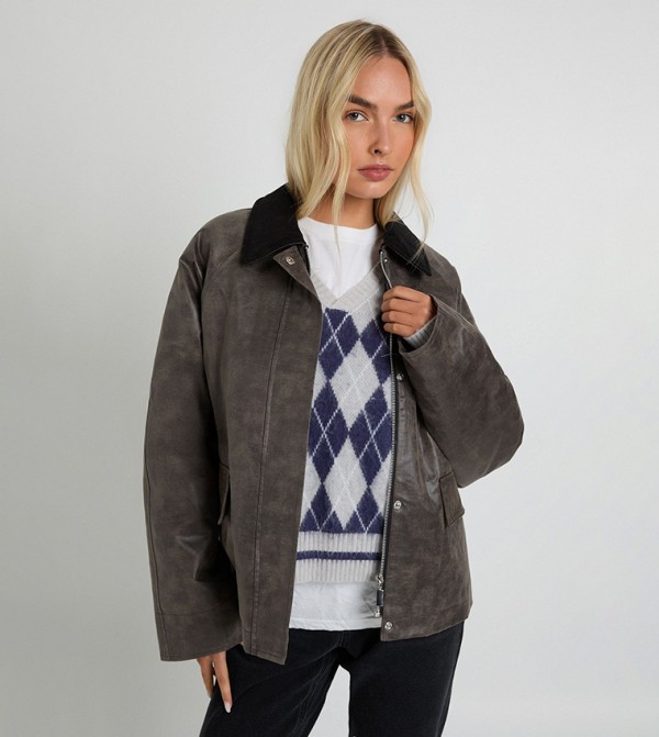 Suede Look Contrast Stitching Collared Jacket