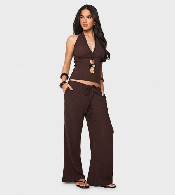 Textured Minimal Waistband Wide Leg Trousers