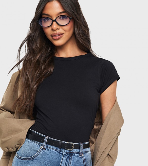 Basics Fitted Ringer Cap Sleeves Top