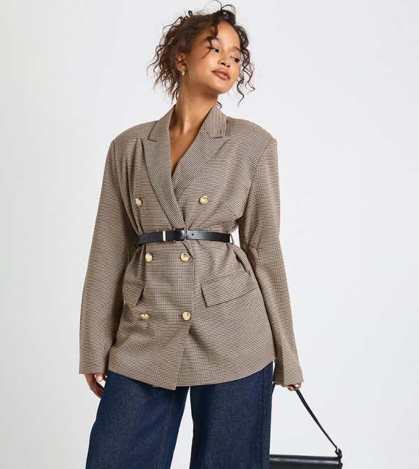 Houndstooth Belted Double Breasted Blazer