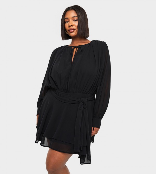 Curve Chiffon Tie Front Ruffle Hem Skater Mini Dress