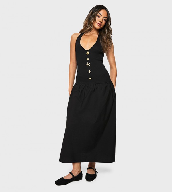 Starfish Gold Trim Ribbed Poplin Maxi Dress