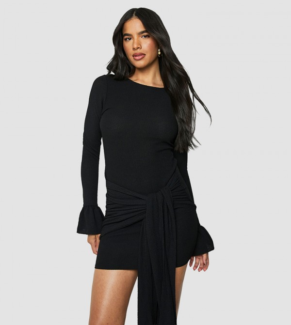 Textured Wrap Detail Flared Sleeves Mini Dress
