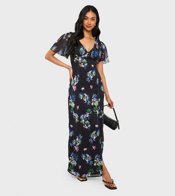 Floral Flared Sleeves Chiffon Plunge Maxi Dress
