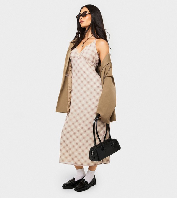 Lace Trim Check Chiffon Slip Midi Dress