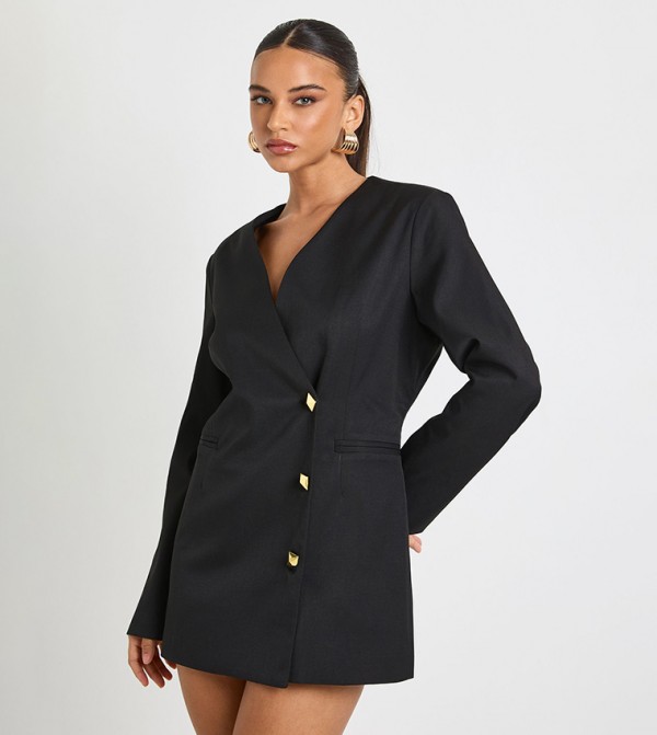 Gold Button Tailored Plunge Blazer Dress