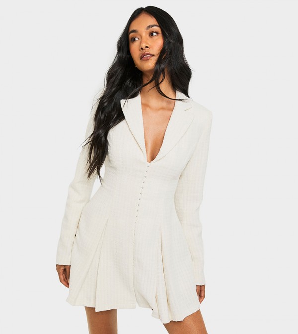 Boucle Hook & Eye Detail Cinched Waist Mini Blazer Dress