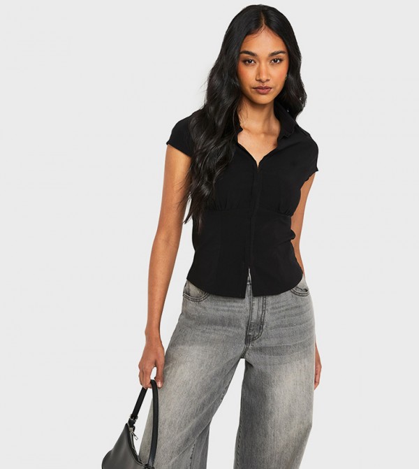 Bengaline Cap Sleeves Ruched Hook & Eye Detail Top