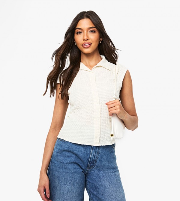 Textured Cap Sleeves Button Through Top