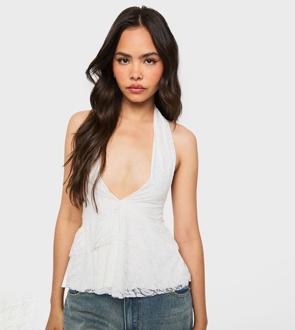 Lace Halterneck Tiered Hem Top