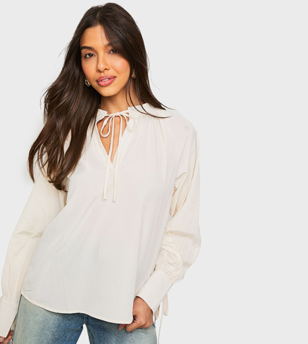 Long Sleeves Crinkle Tie Neck Top