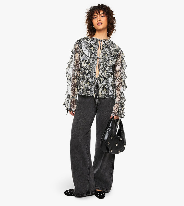 Printed Long Sleeves Chiffon Tie Front Top